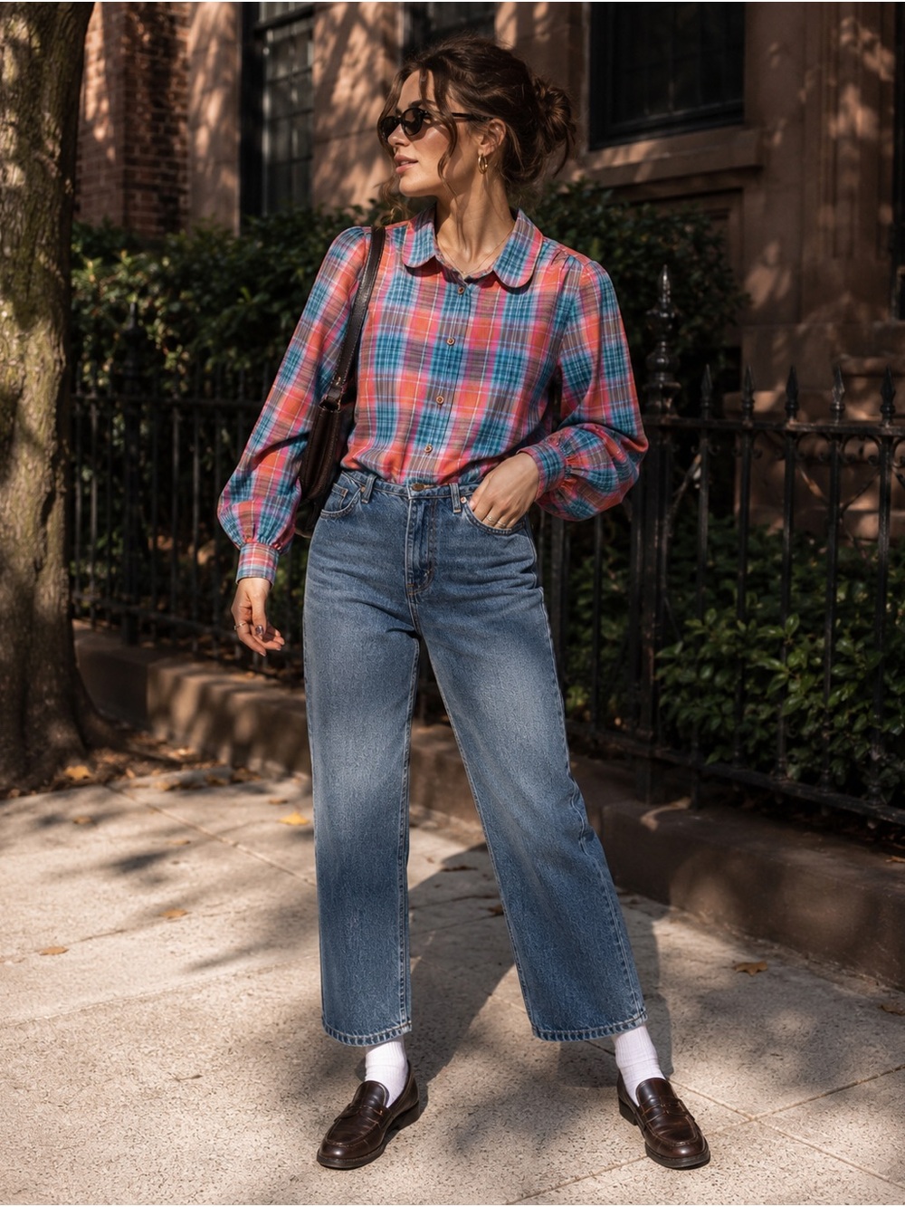 Lady Manhattan Plaid Button Down Blouse Colorful Balloon Sleeve Cropped 14
